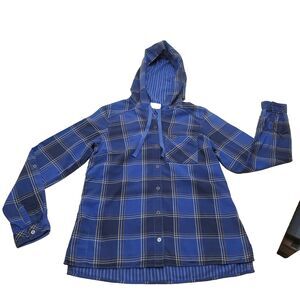 Columbia Women Jacket Shacket Blue Plaid Button Up Hooded Roll Tab Sleeve Size S